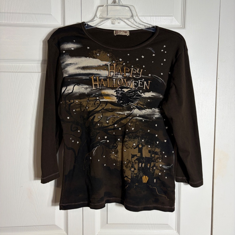 Vintage Blue Canyon Halloween Shirt Women L Brown Witch Haunted Y2K Bling Top